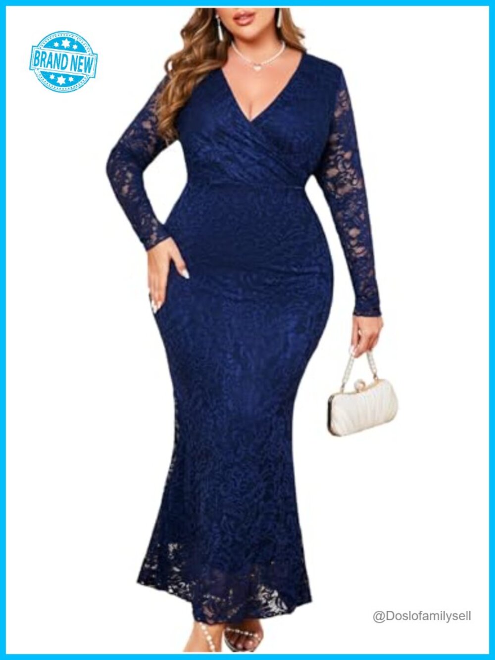 Plus Size Floral Lace Mermaid Maxi Dress V Neck Long Sleeve Formal Gown